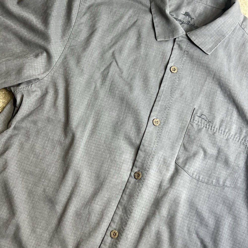 Tommy Bahama Shirt Large Silk Grey Camp Jacquard Loop Collar Hawaiian Cruise